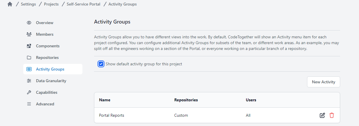 Project Settings: Activity Groups
